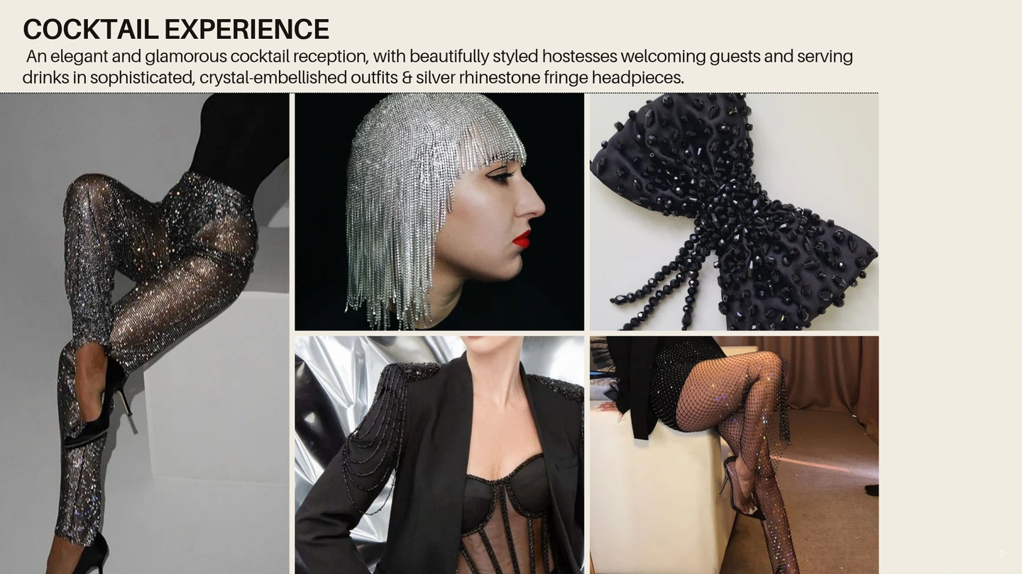 Moodboard original Cocktail Experience : costumes noirs, cristaux et accessoires argentés.