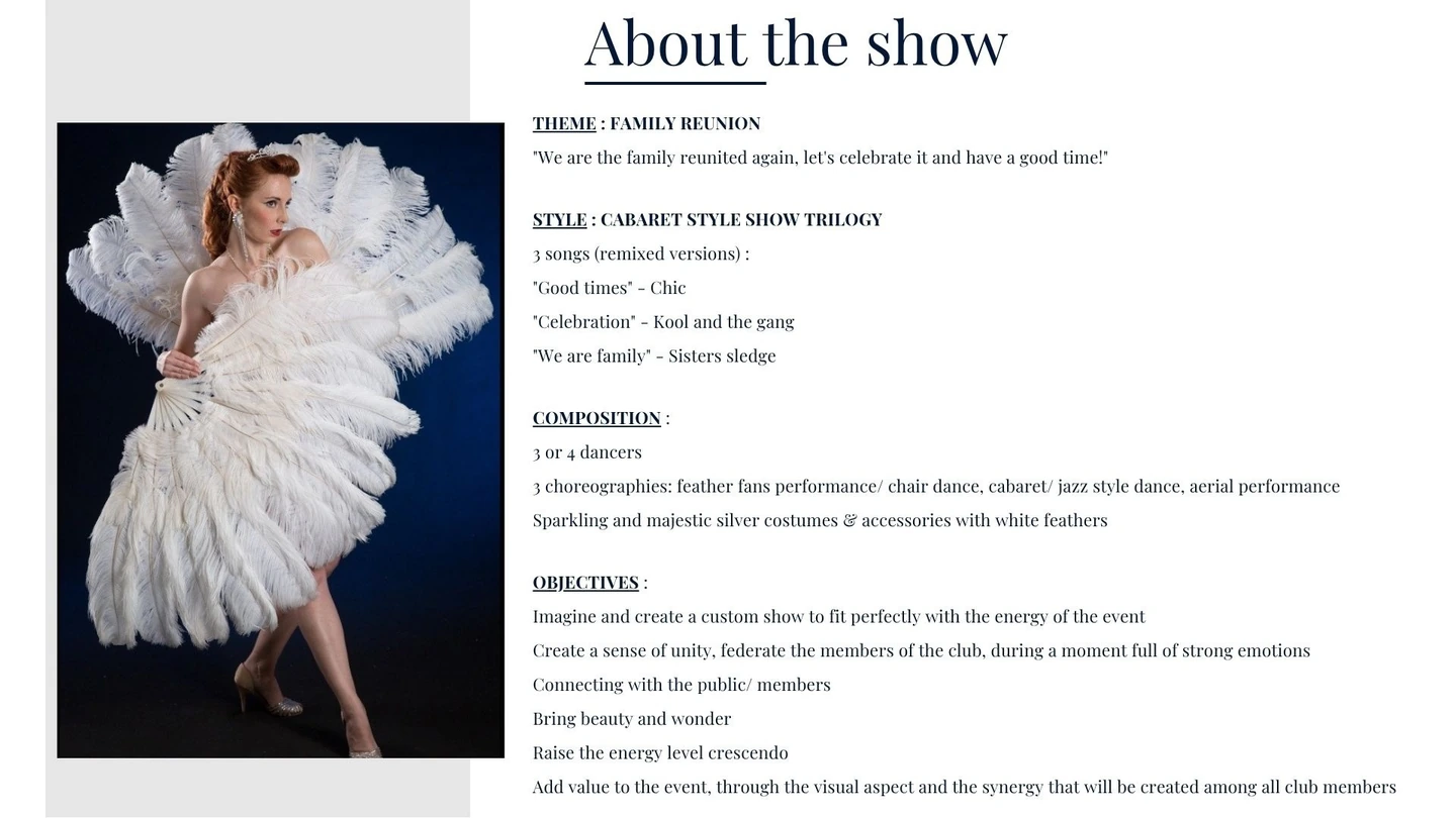 Présentation originale About the show : spectacle de cabaret et costumes à plumes blanches.